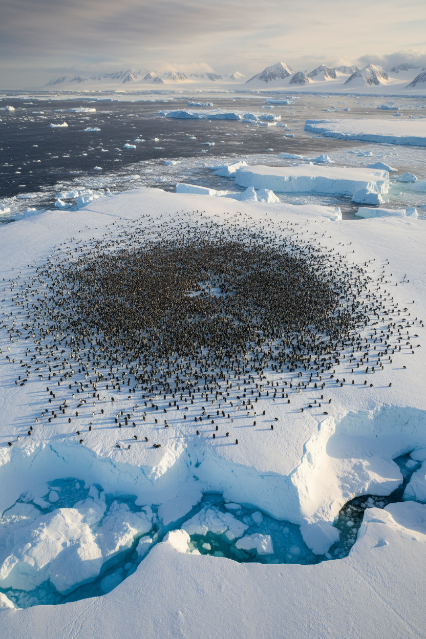 Vast emperor penguin colony aerial view