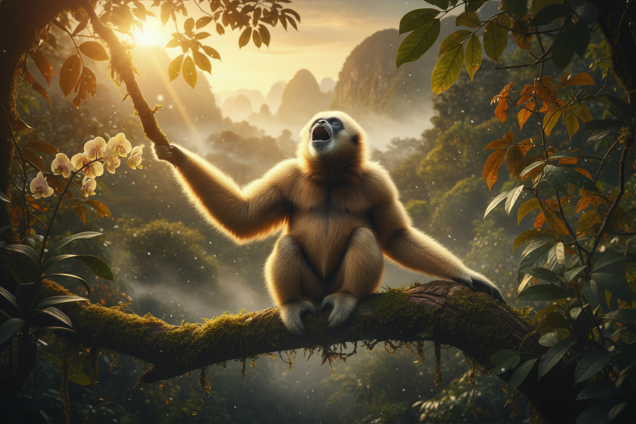 White-handed gibbon singing at dawn in rainforest canopy