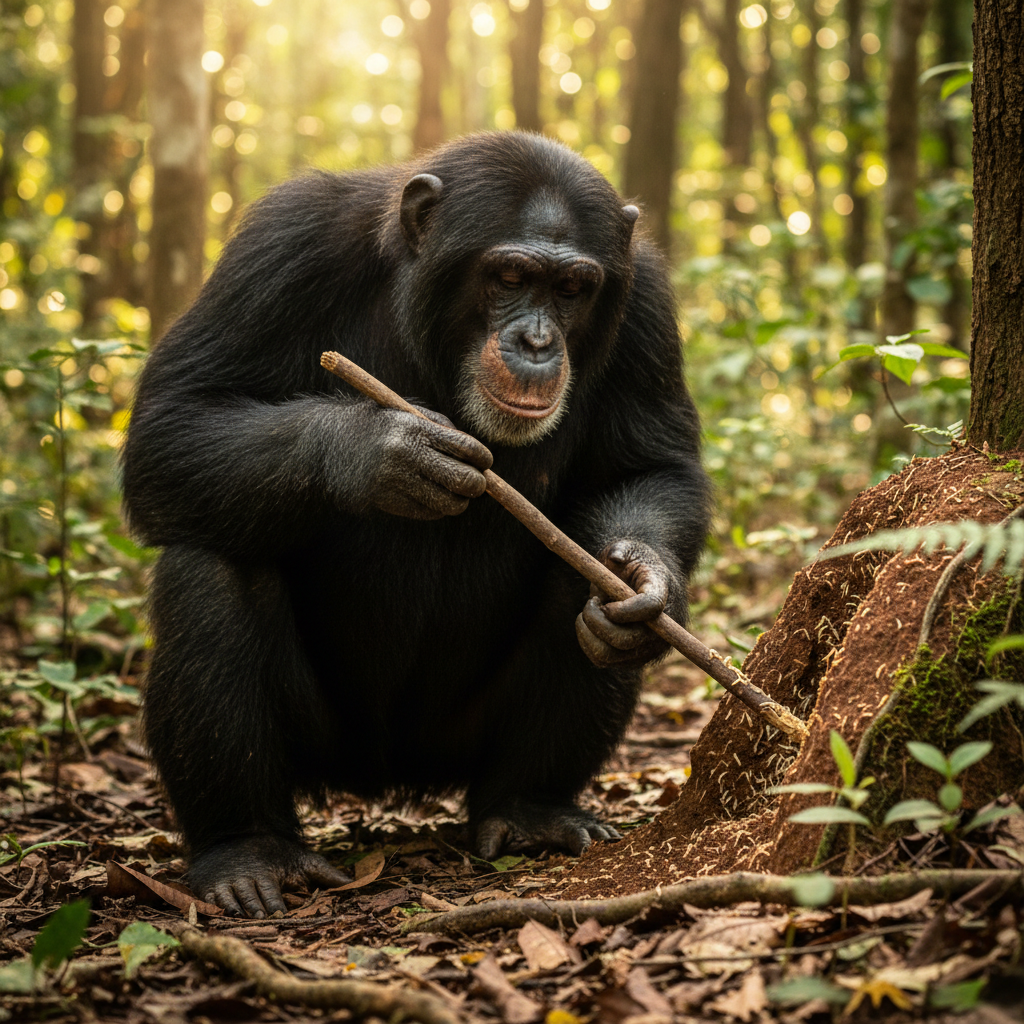 Chimpanzee using stick tool