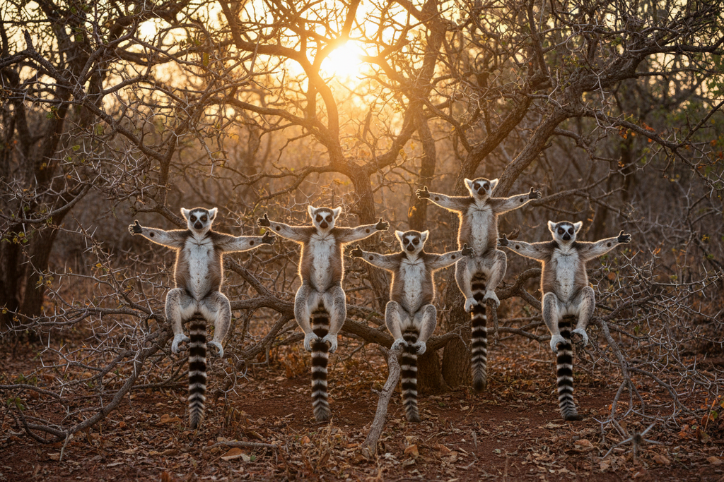 Ring-tailed lemur troop sunbathing at dawn in Madagascar