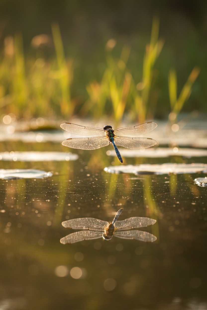 Dragonfly in flight over pond