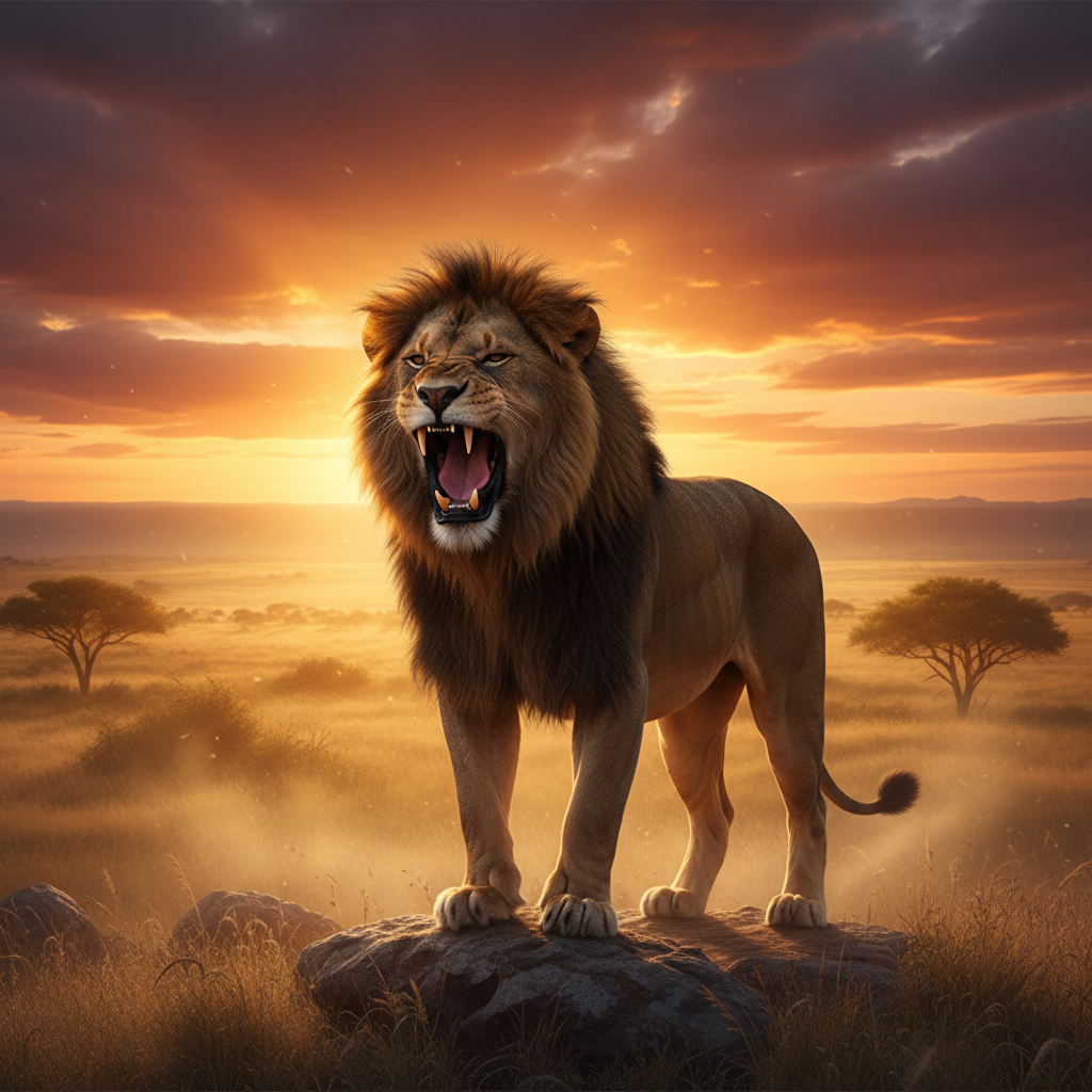 Lion roaring at sunset