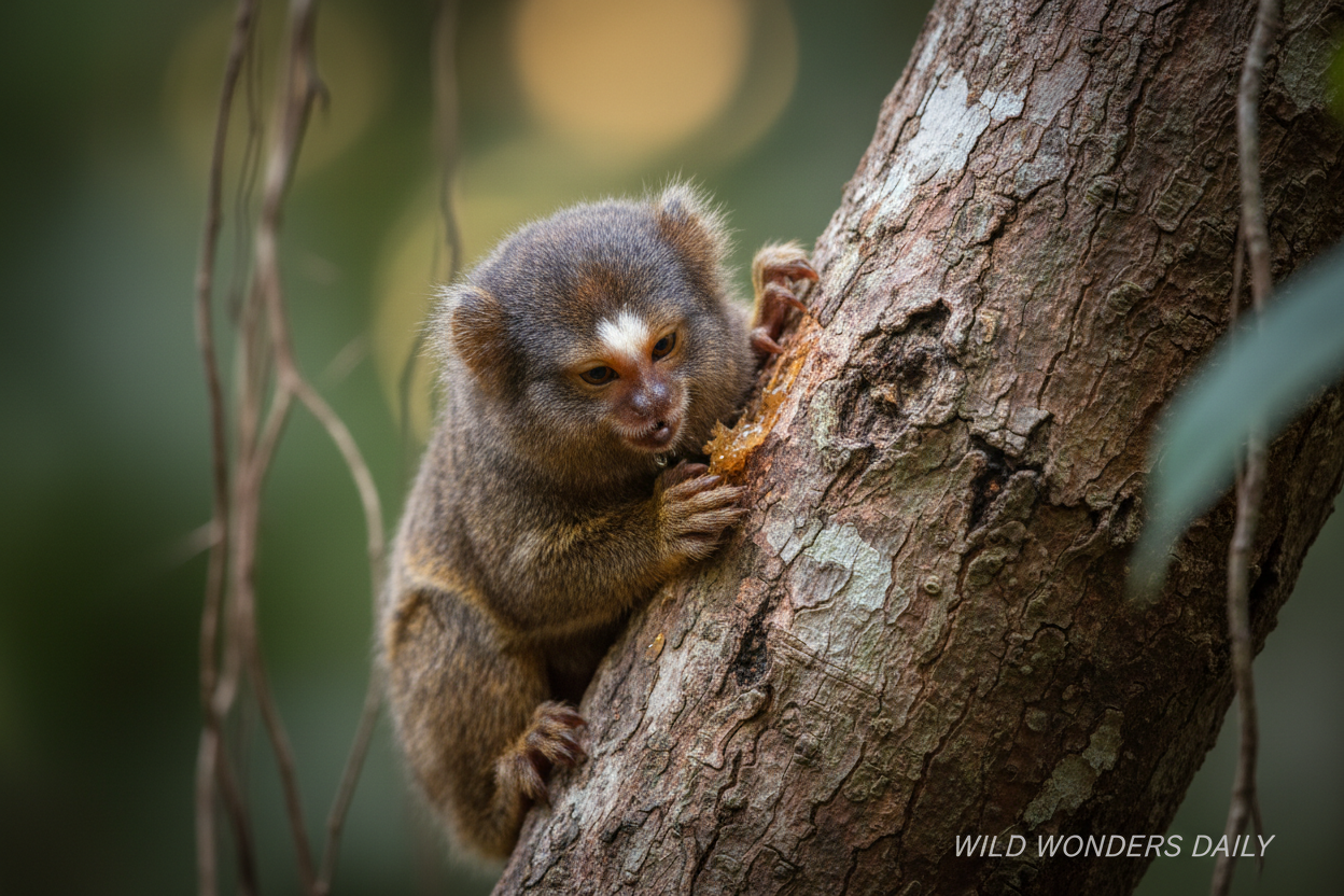 Pygmy marmoset gouging tree bark for sap in Amazon rainforest