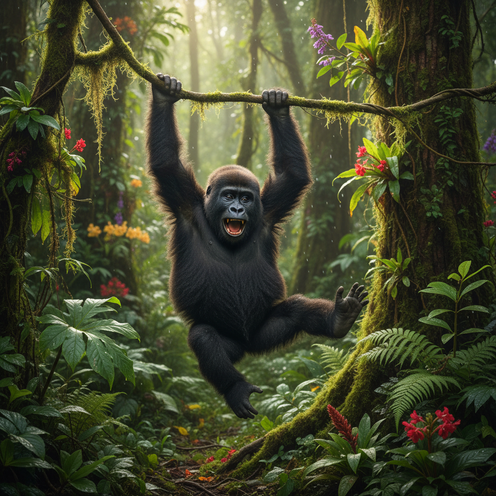 Young gorilla playing