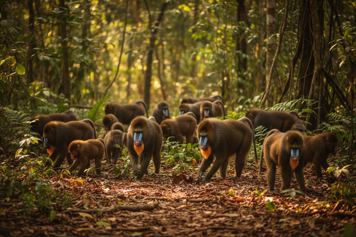 Mandrill troop foraging on Central African rainforest floor