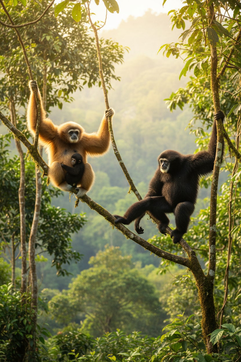 Gibbon family in canopy