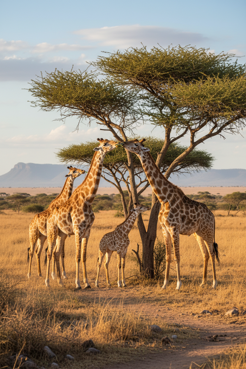 Giraffe family feeding