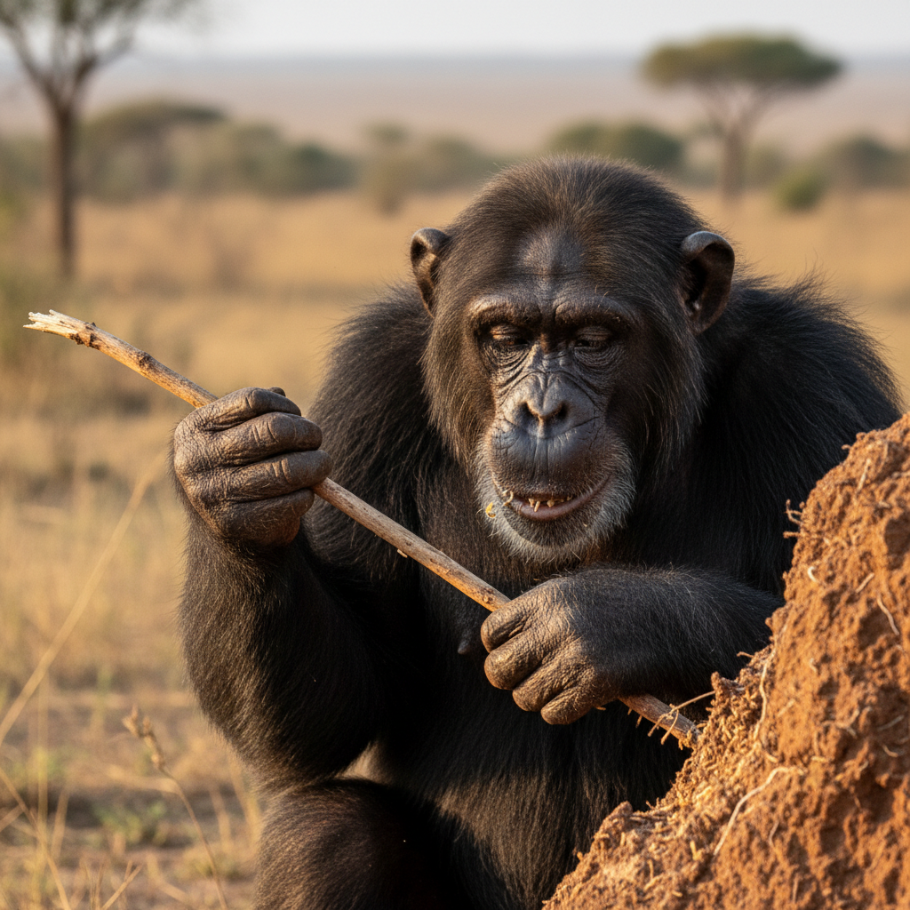 Chimpanzee using stick tool on termite mound