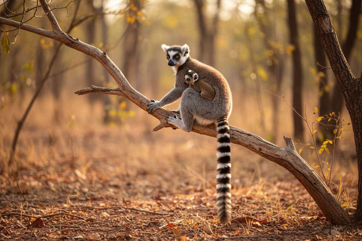 Mother ring-tailed lemur carrying infant on her back