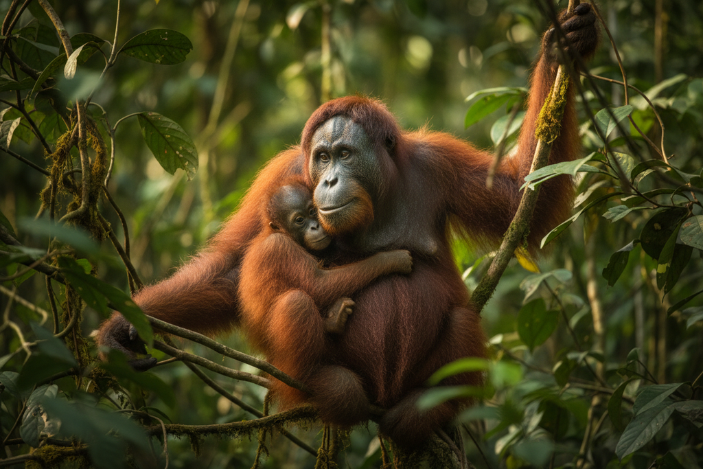 Mother Bornean orangutan with infant in rainforest canopy