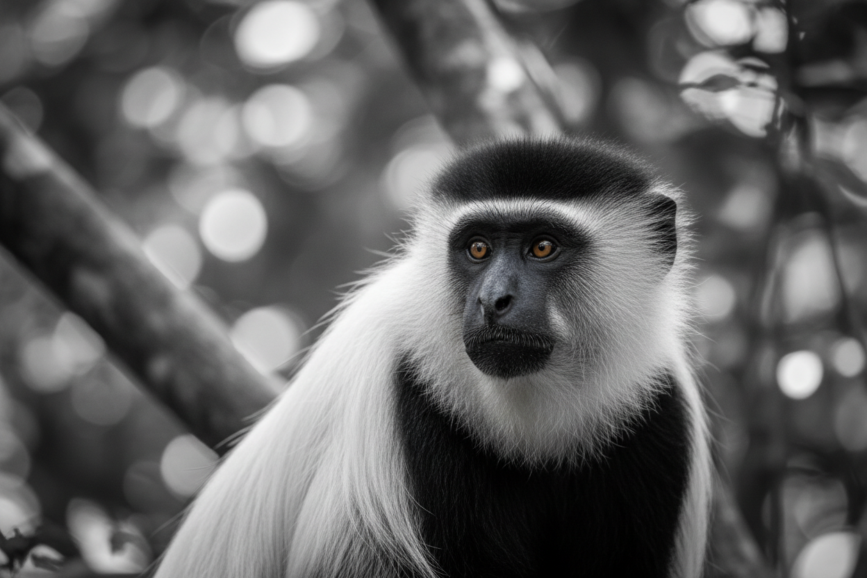 Black-and-white colobus monkey close-up portrait