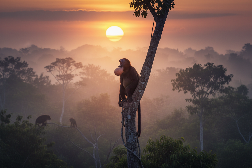 Male howler monkey howling at dawn in Amazon jungle