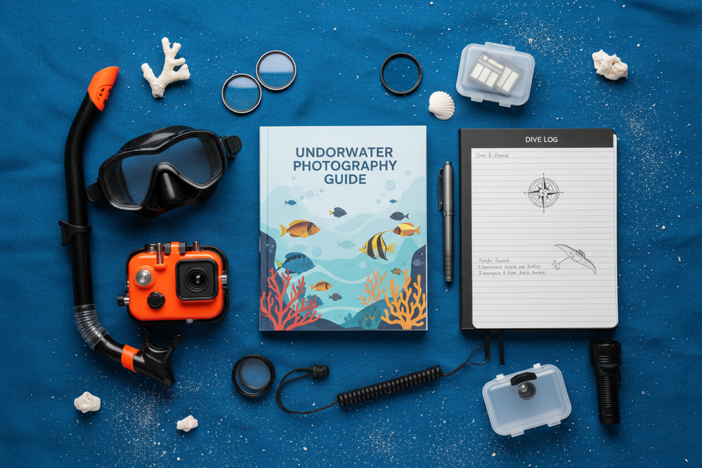 Guide flat lay with dive gear