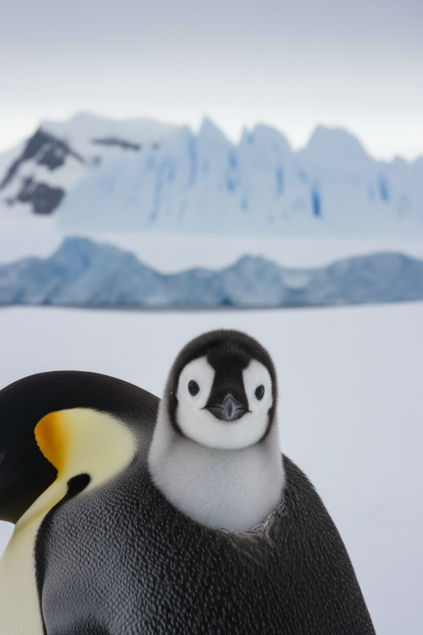 Emperor penguin chick in brood pouch