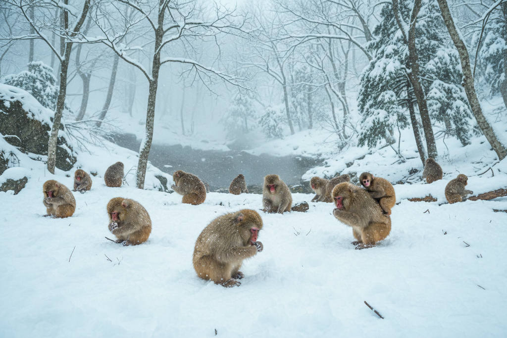 Japanese macaque troop foraging in snow-covered forest