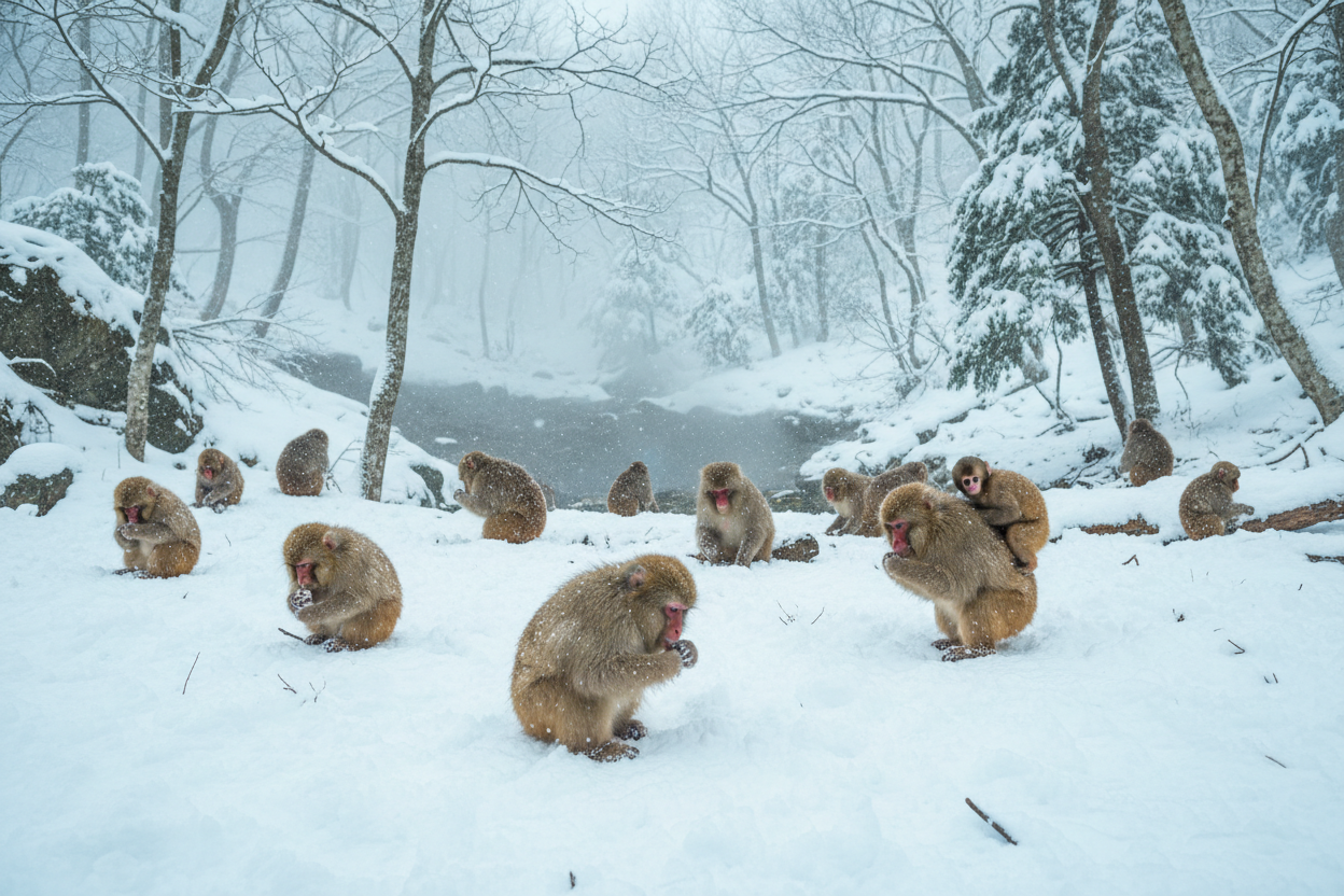 Japanese macaque troop foraging in snow-covered forest