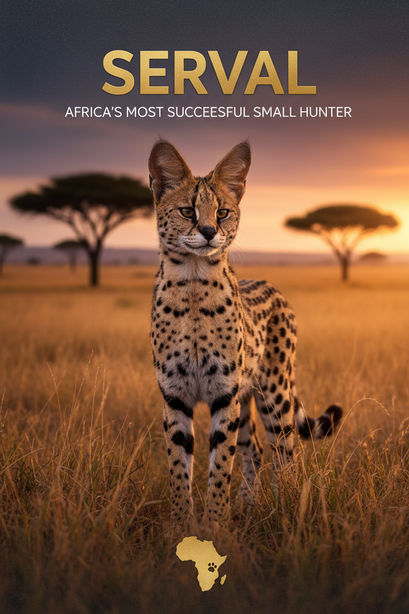 Serval in golden African grassland