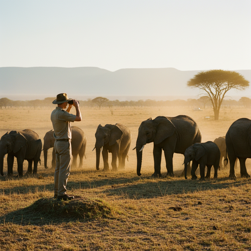 Wildlife ranger protecting elephants in African savanna