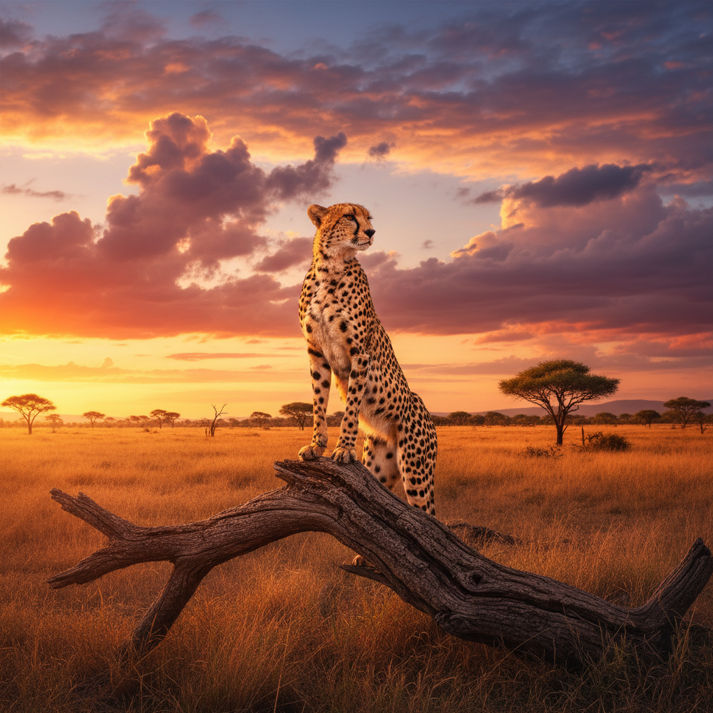 Cheetah on acacia tree trunk