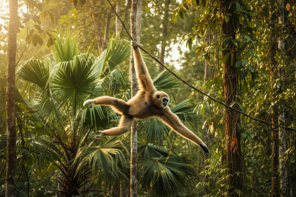 White-handed gibbon brachiating through rainforest canopy