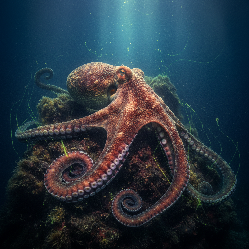 Giant octopus in deep ocean