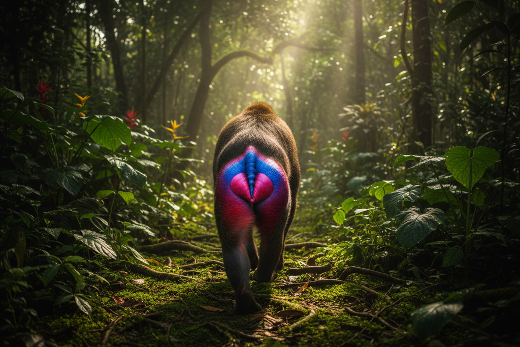 Mandrill male showing vivid multicoloured rump in rainforest