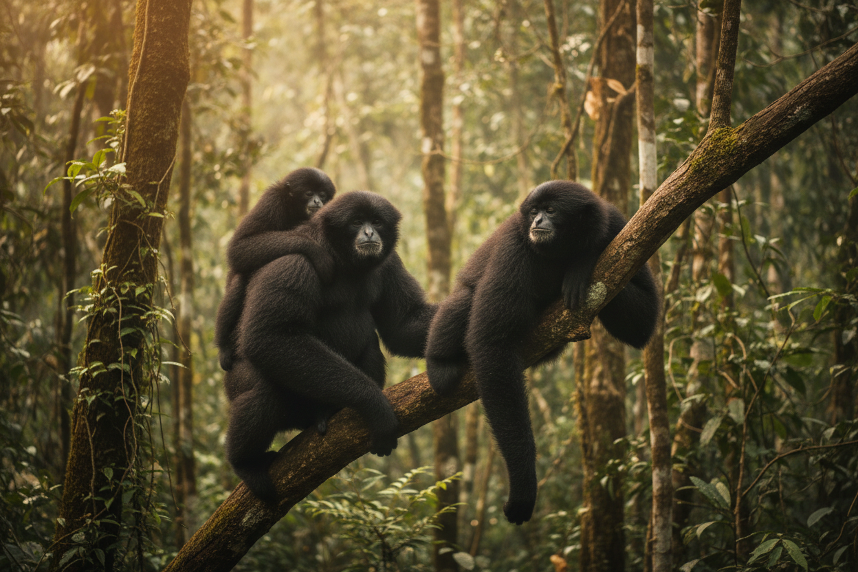 Siamang family in rainforest canopy