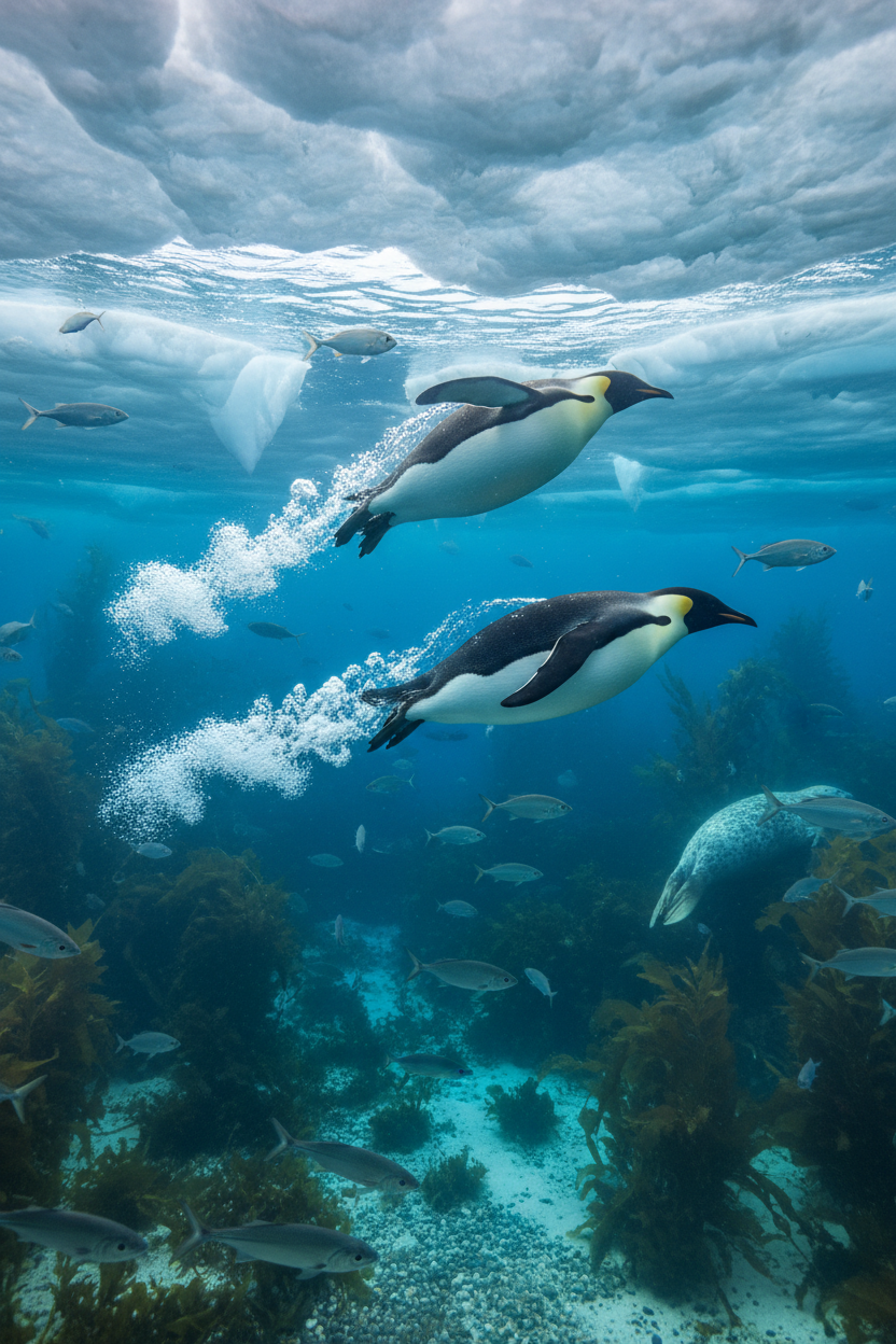 Emperor penguins diving underwater