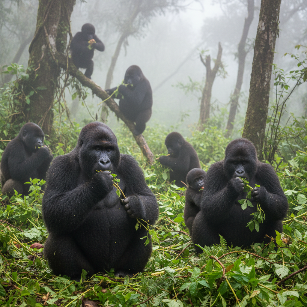 Gorilla troop foraging