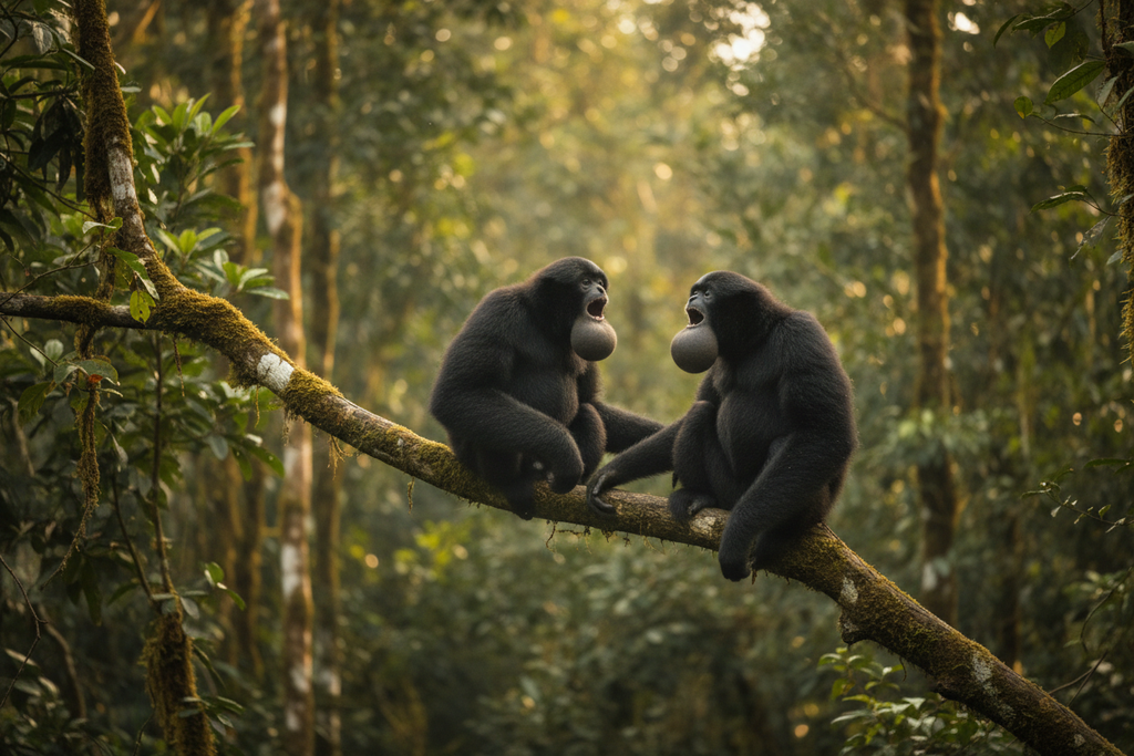 Siamang pair singing duet in Sumatran rainforest