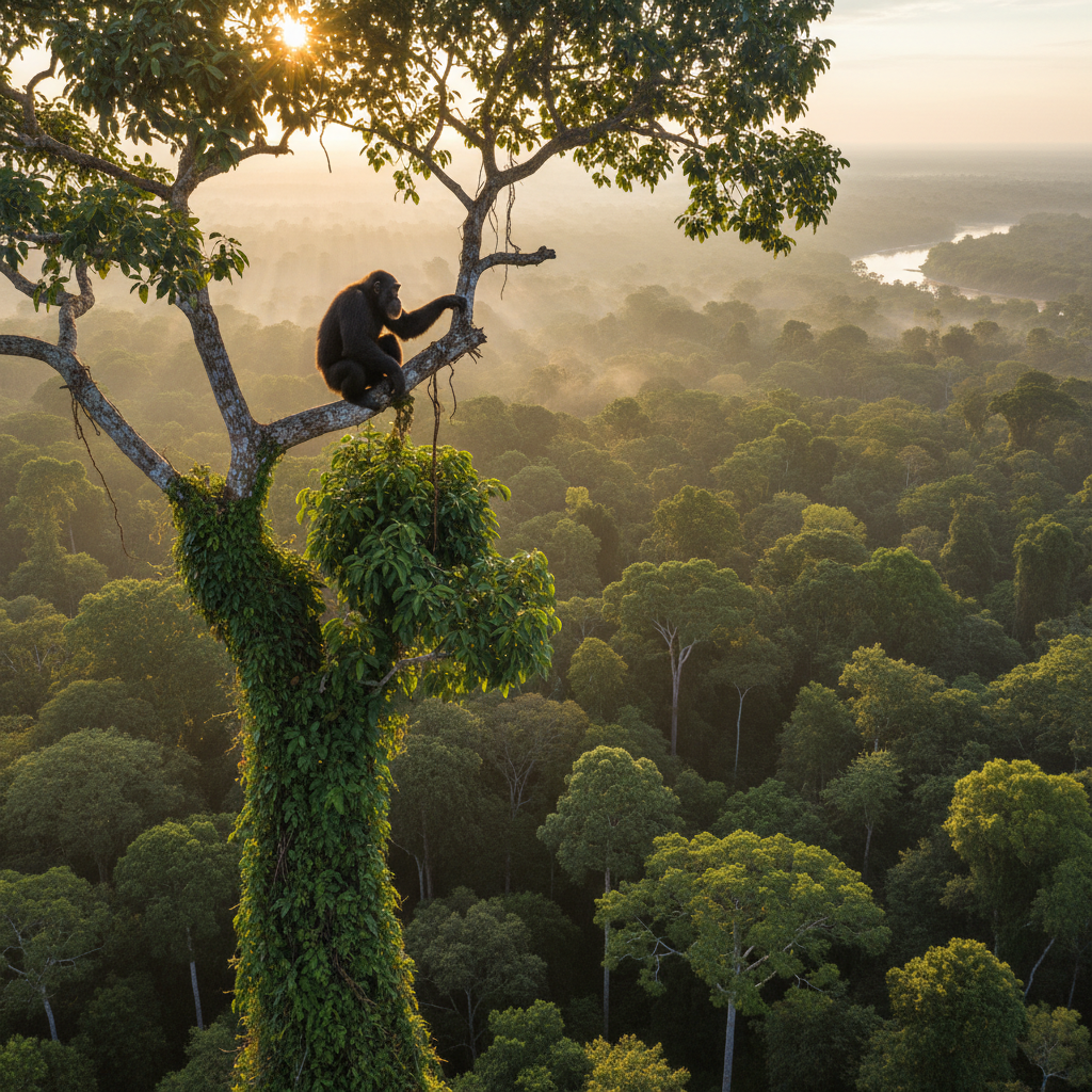 Chimpanzee in rainforest tree canopy at golden hour