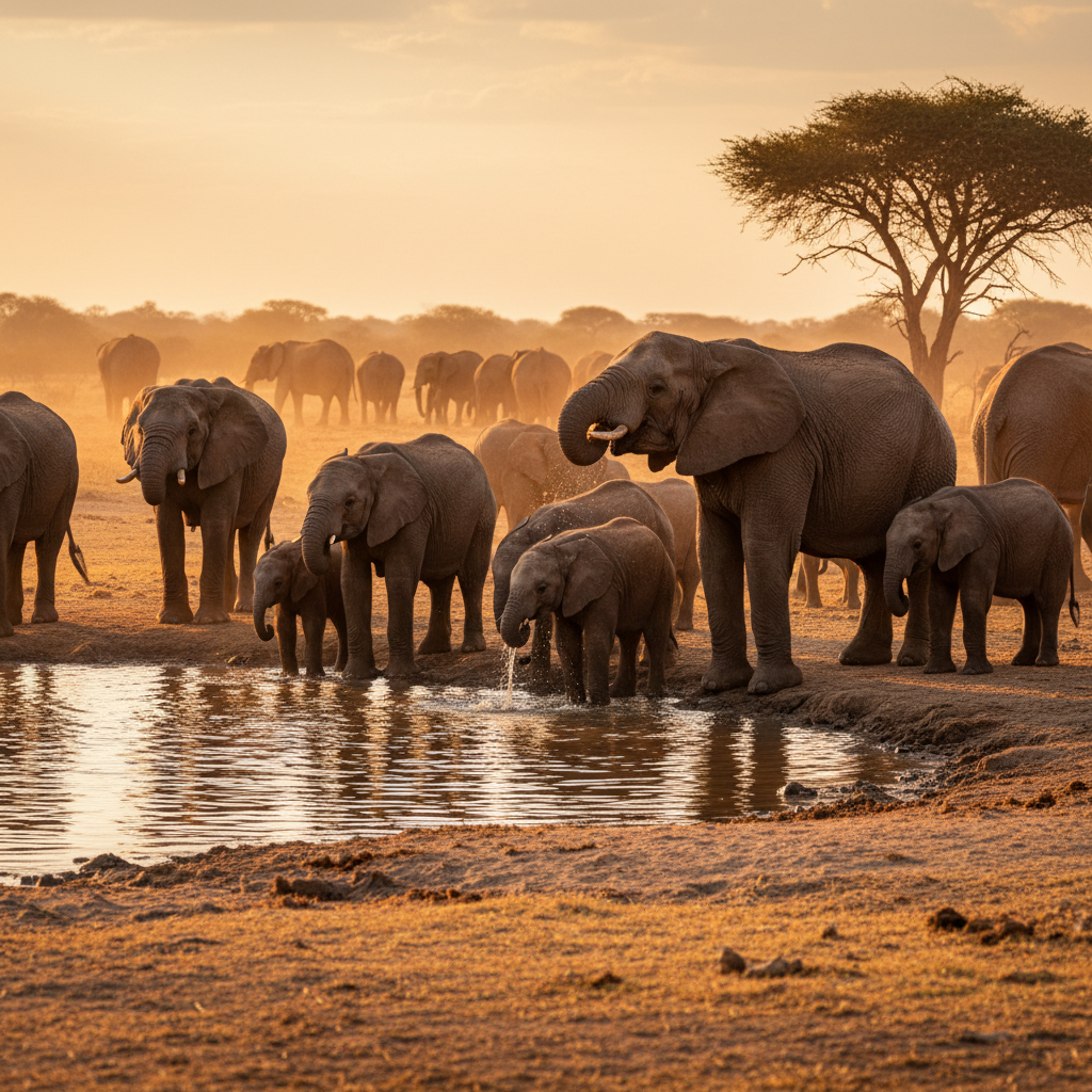 Endangered African elephant herd at watering hole