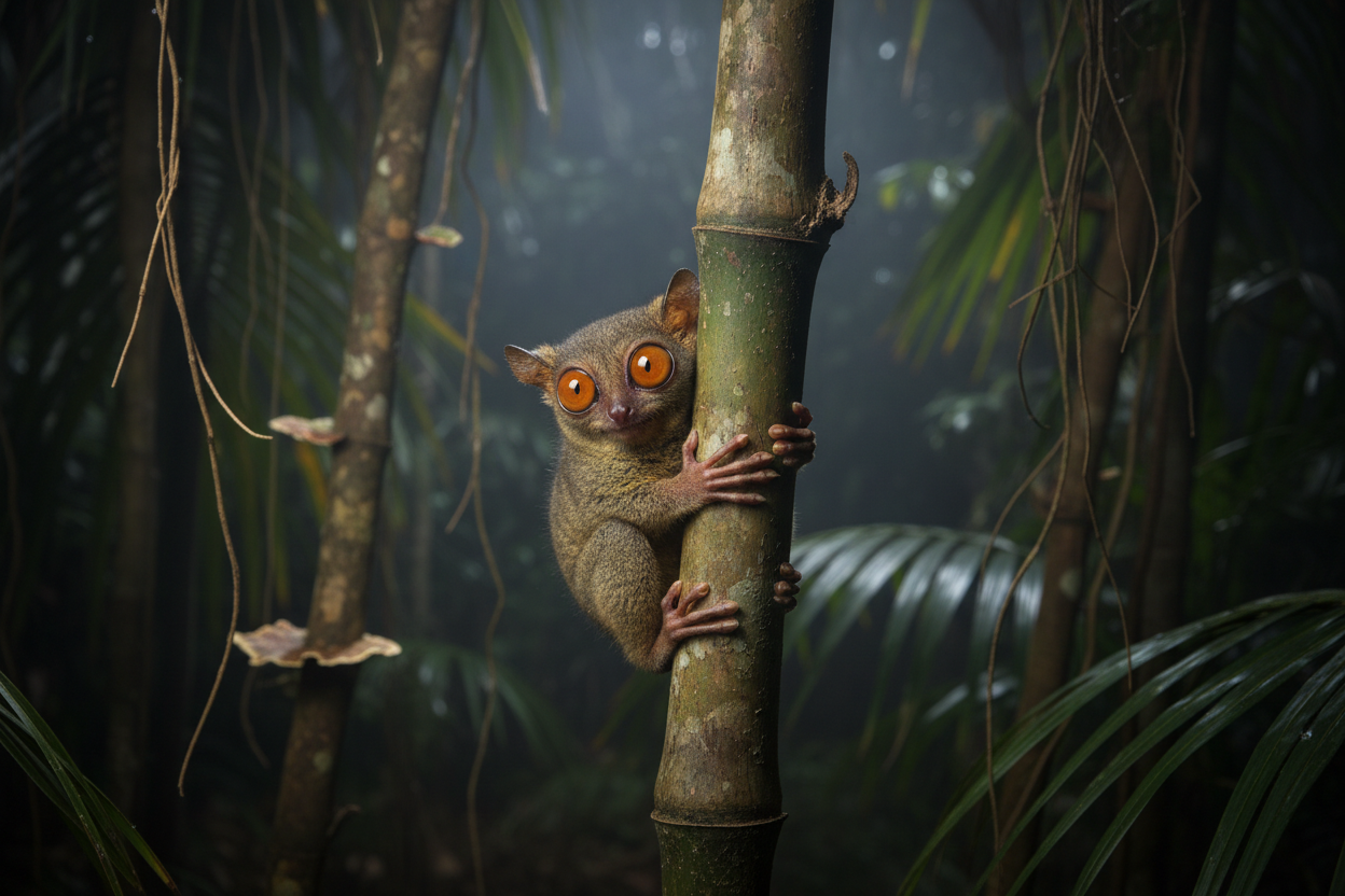 Tarsier clinging to bamboo at night in Philippine rainforest