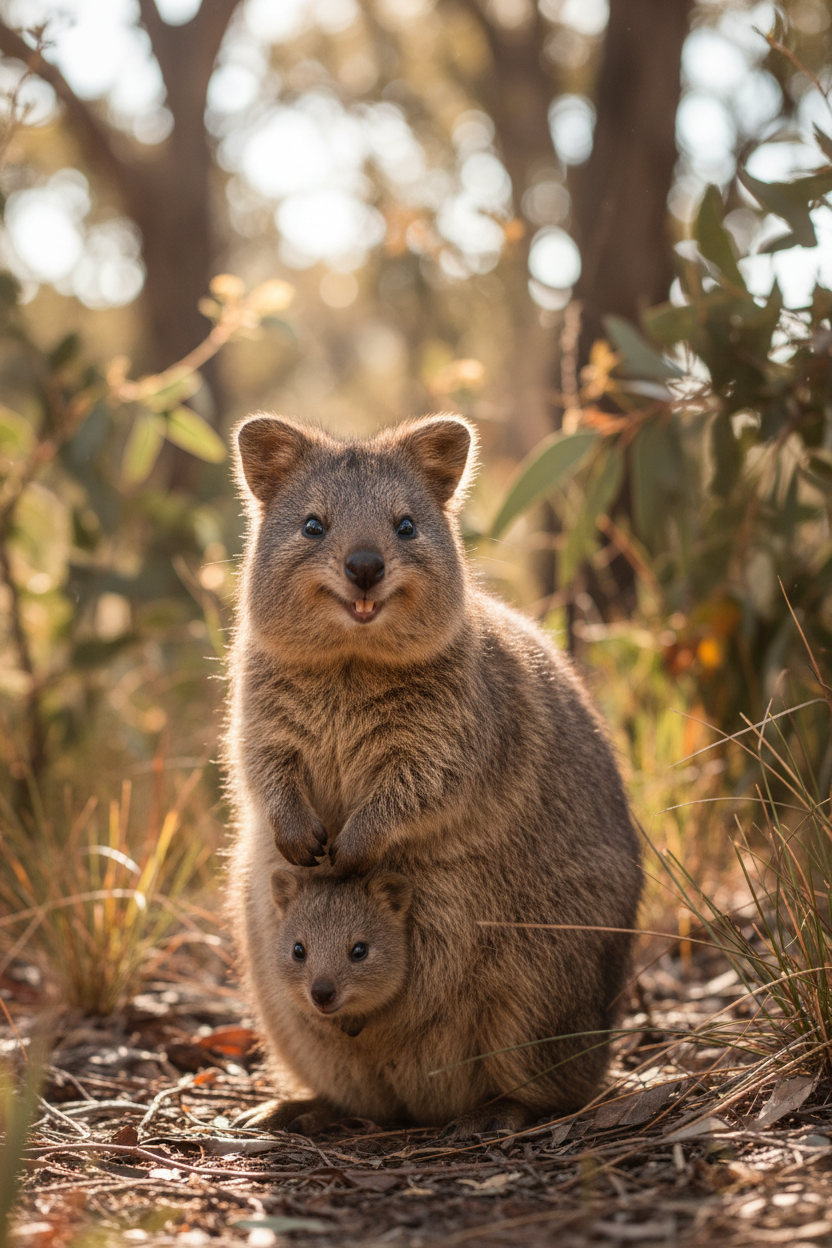 Quokka mother with joey in pouch
