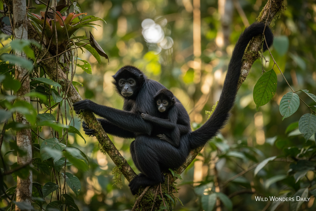 Black spider monkey mother and infant in Amazon rainforest