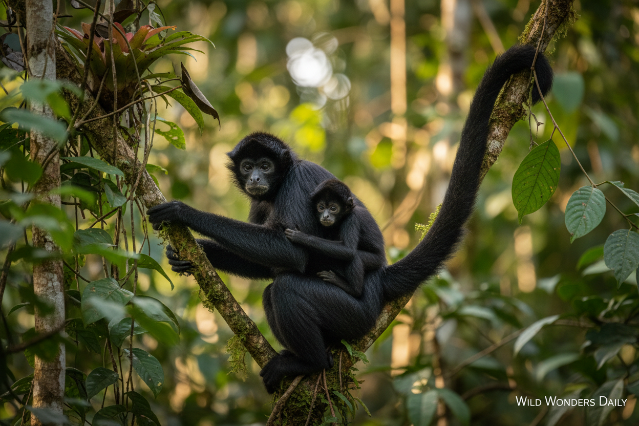 Black spider monkey mother and infant in Amazon rainforest
