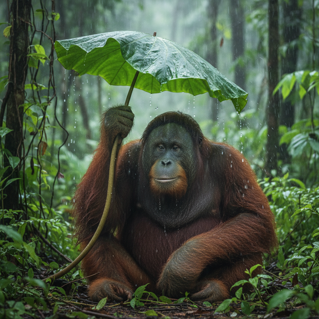 Orangutan using leaf as umbrella