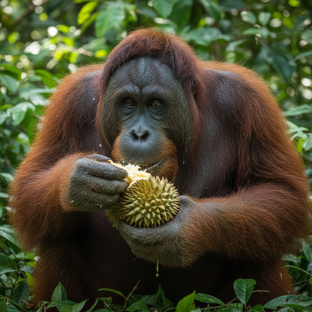 Orangutan eating tropical fruit in jungle