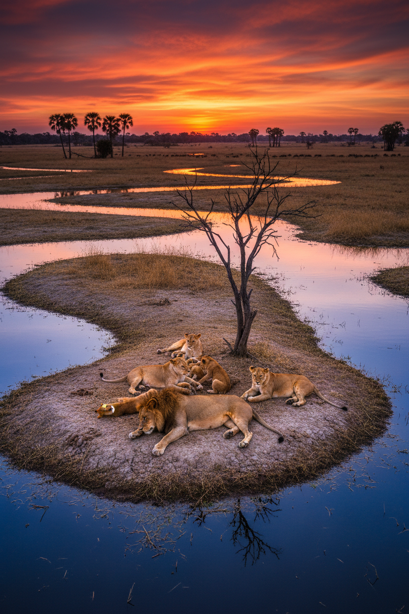 Lions resting on Okavango island