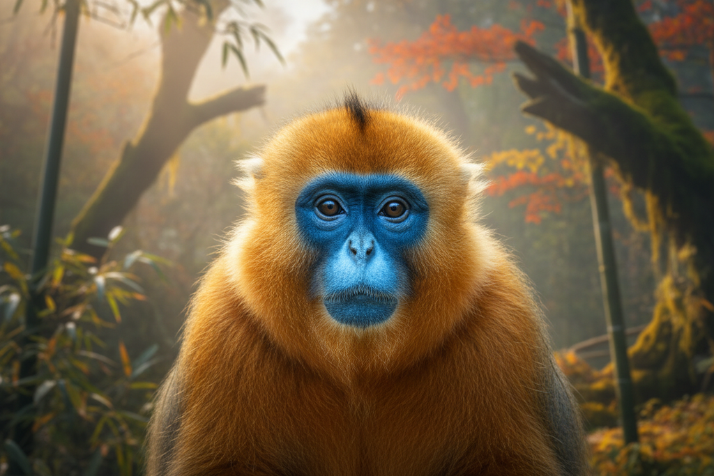 Golden snub-nosed monkey close-up portrait showing blue face