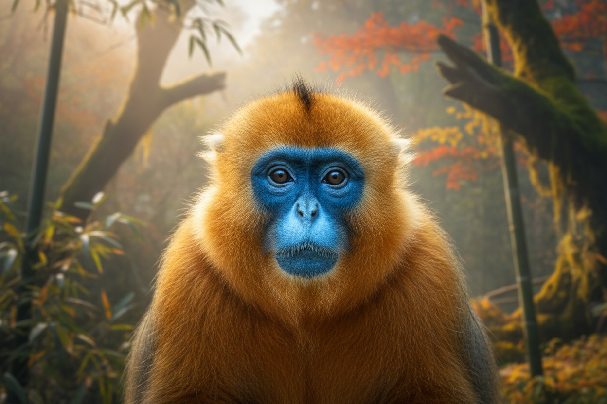 Golden snub-nosed monkey close-up portrait showing blue face