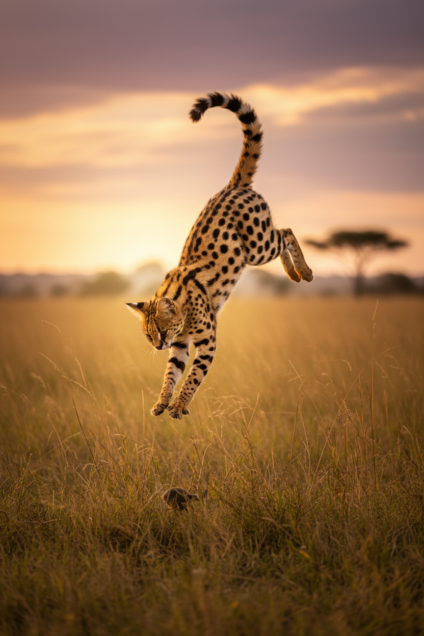 Serval leaping to catch prey