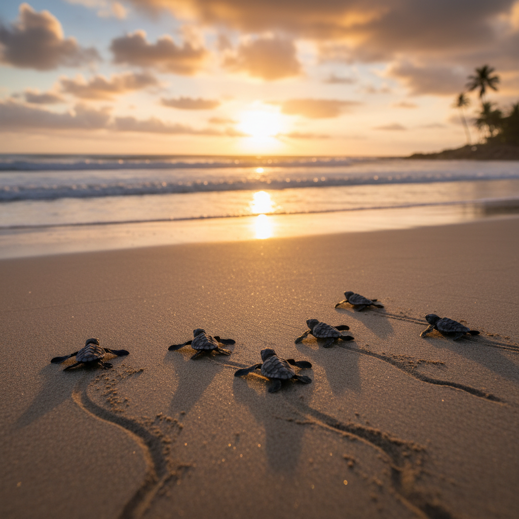 Endangered sea turtle hatchlings heading to ocean
