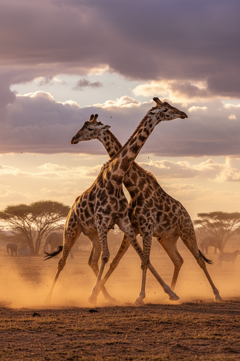 Male giraffes necking