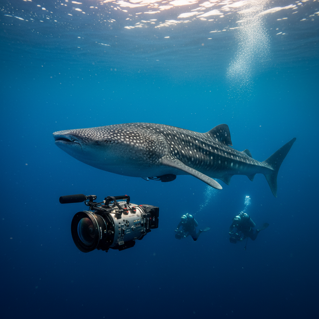 Underwater camera filming whale shark