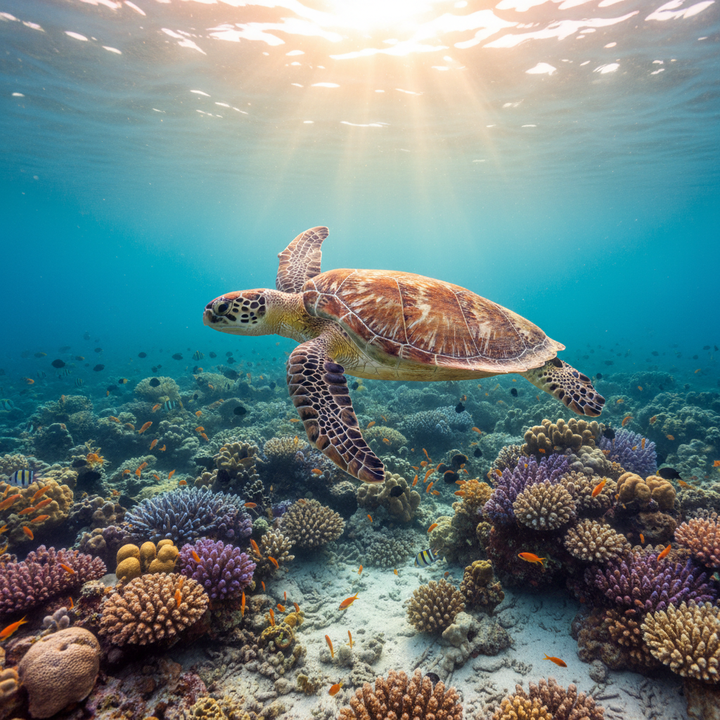Sea turtle swimming over coral reef