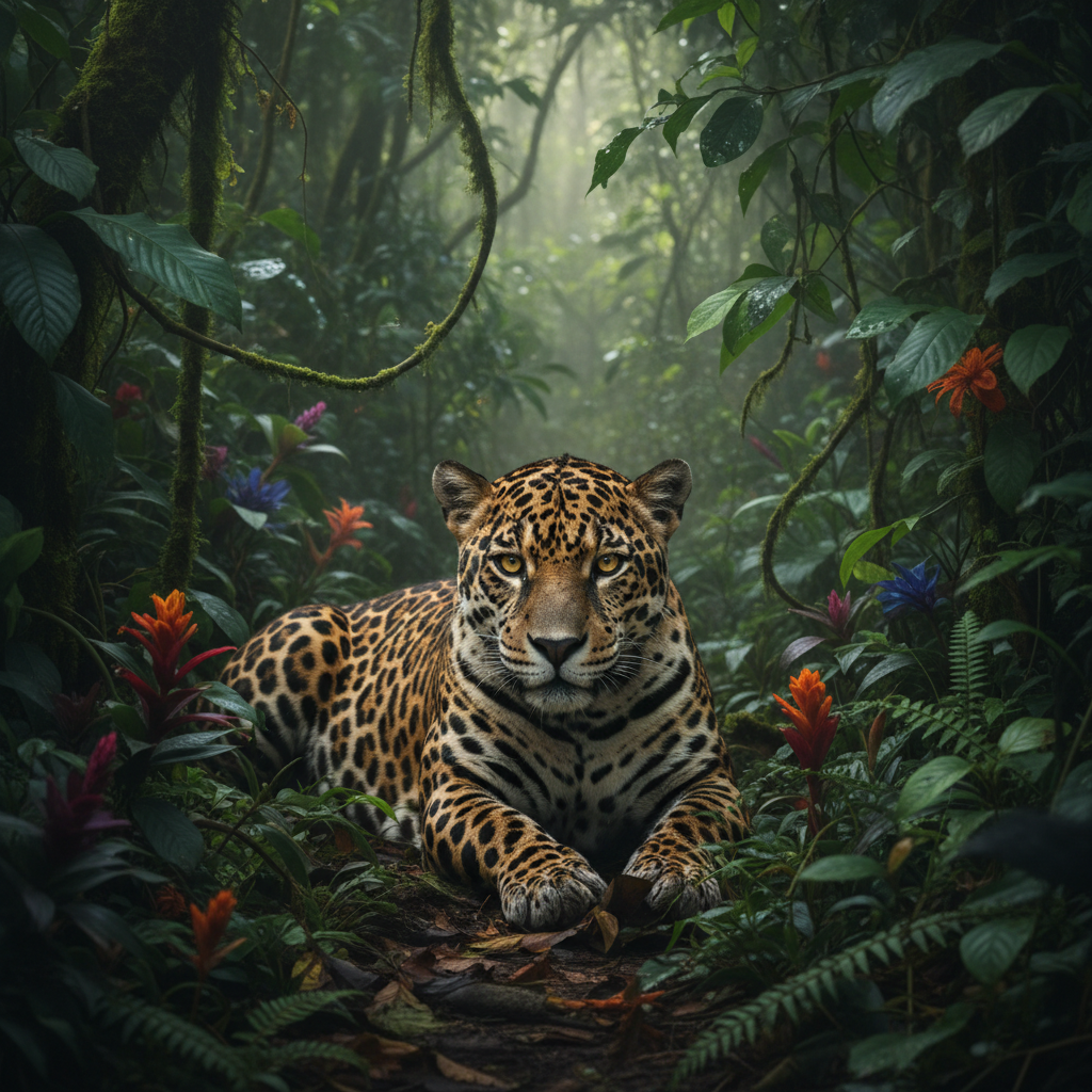 Jaguar in rainforest