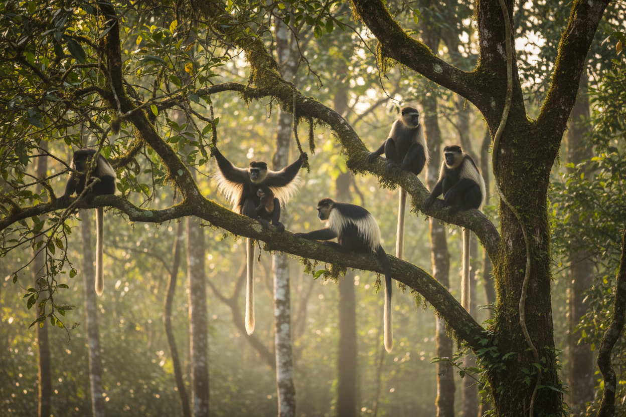 Colobus monkey troop resting in African forest canopy