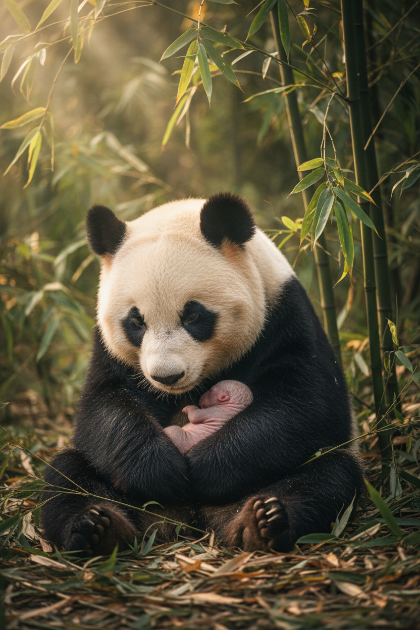 Panda mother with cub