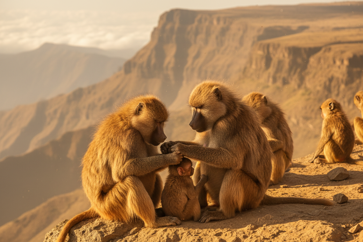 Gelada baboon family grooming on Ethiopian cliff ledge